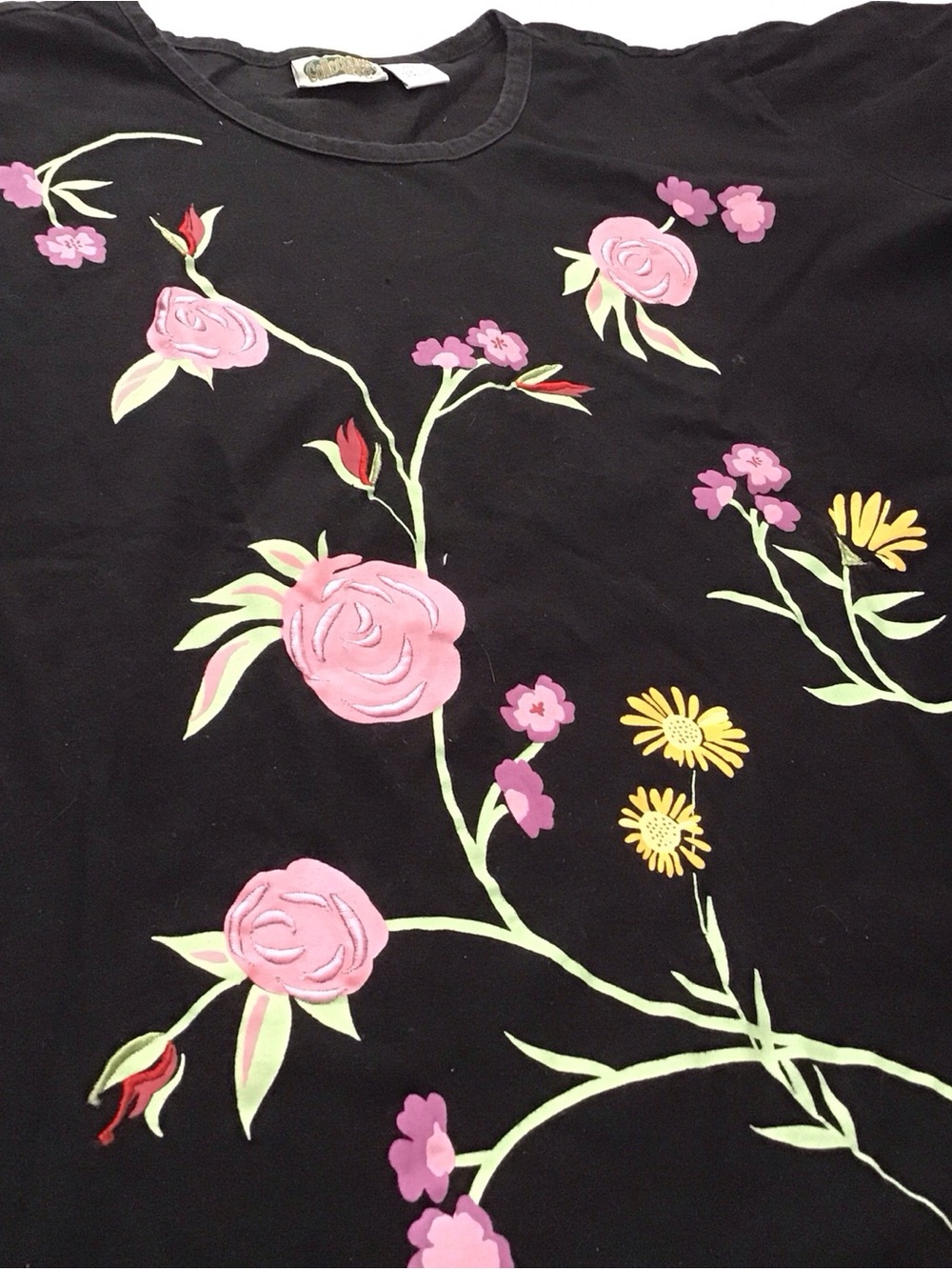 Collections Etc Floral Print Black Women's Tee Size XXL Pink & Yellow Blooms